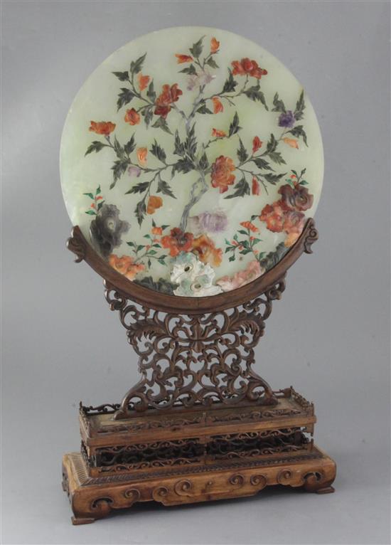 A Chinese hardstone circular plaque and hongmu stand, early 20th century, total height 62.5cm